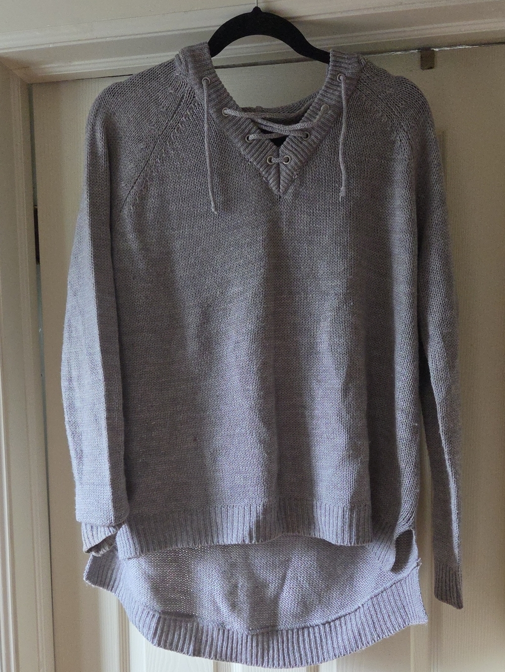 Rue21 Light Gray Lace-Up V-Neck Pullover Sweater